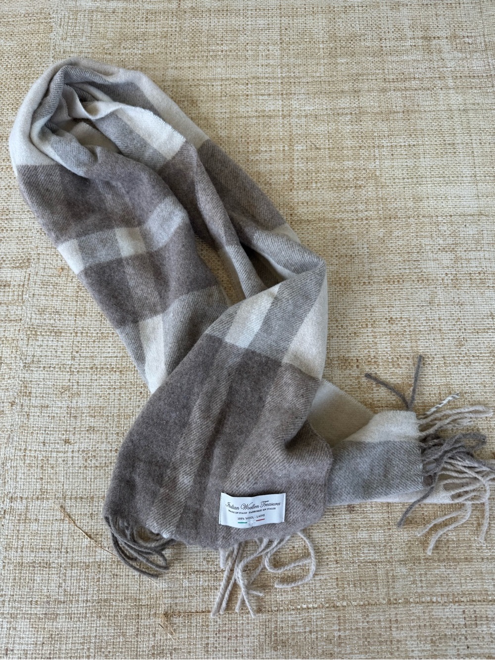 Italian Wool Treasures Plaid Neck Scarf Winter Tan Cream Preppy Classic